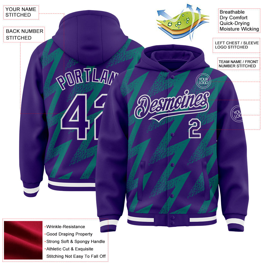 Custom Purple Teal-White Zigzag Shape 3D Pattern Design Bomber Full-Snap Varsity Letterman Hoodie Jacket view 4