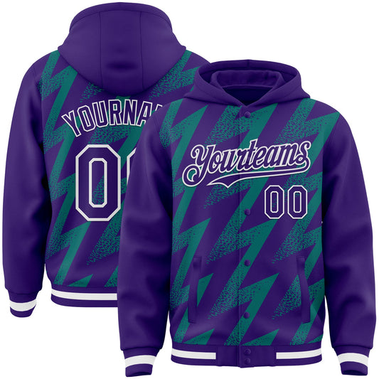 Custom Purple Teal-White Zigzag Shape 3D Pattern Design Bomber Full-Snap Varsity Letterman Hoodie Jacket - Main View