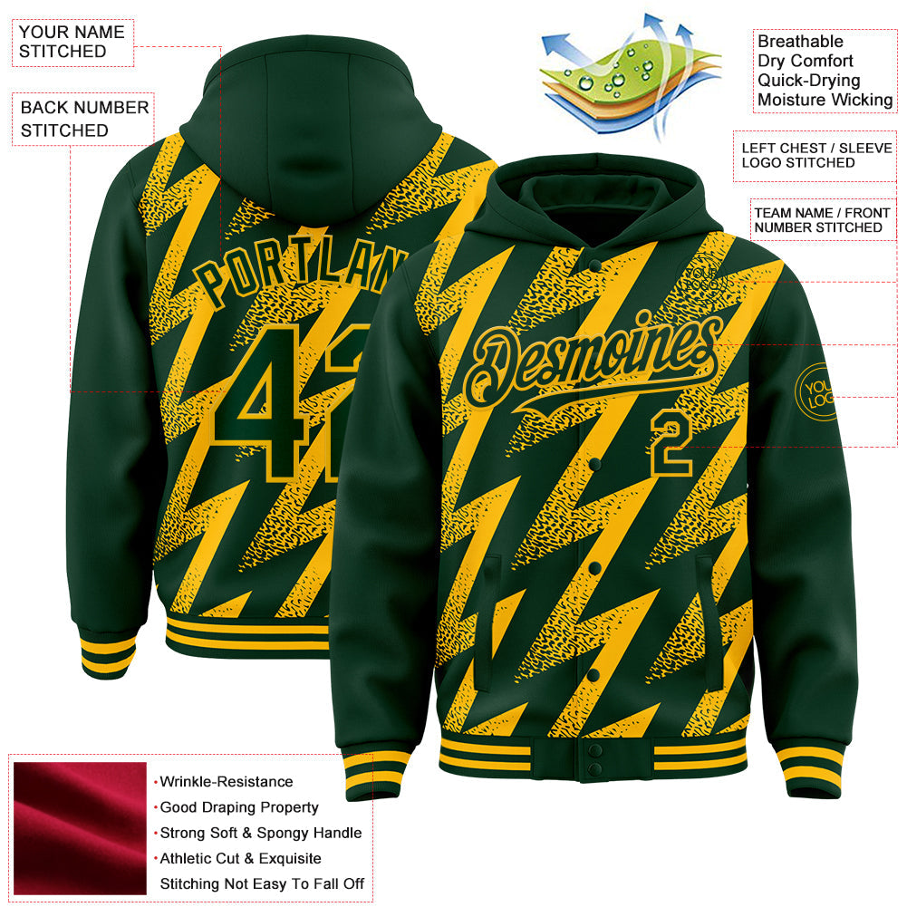 Custom Green Gold Zigzag Shape 3D Pattern Design Bomber Full-Snap Varsity Letterman Hoodie Jacket view 4