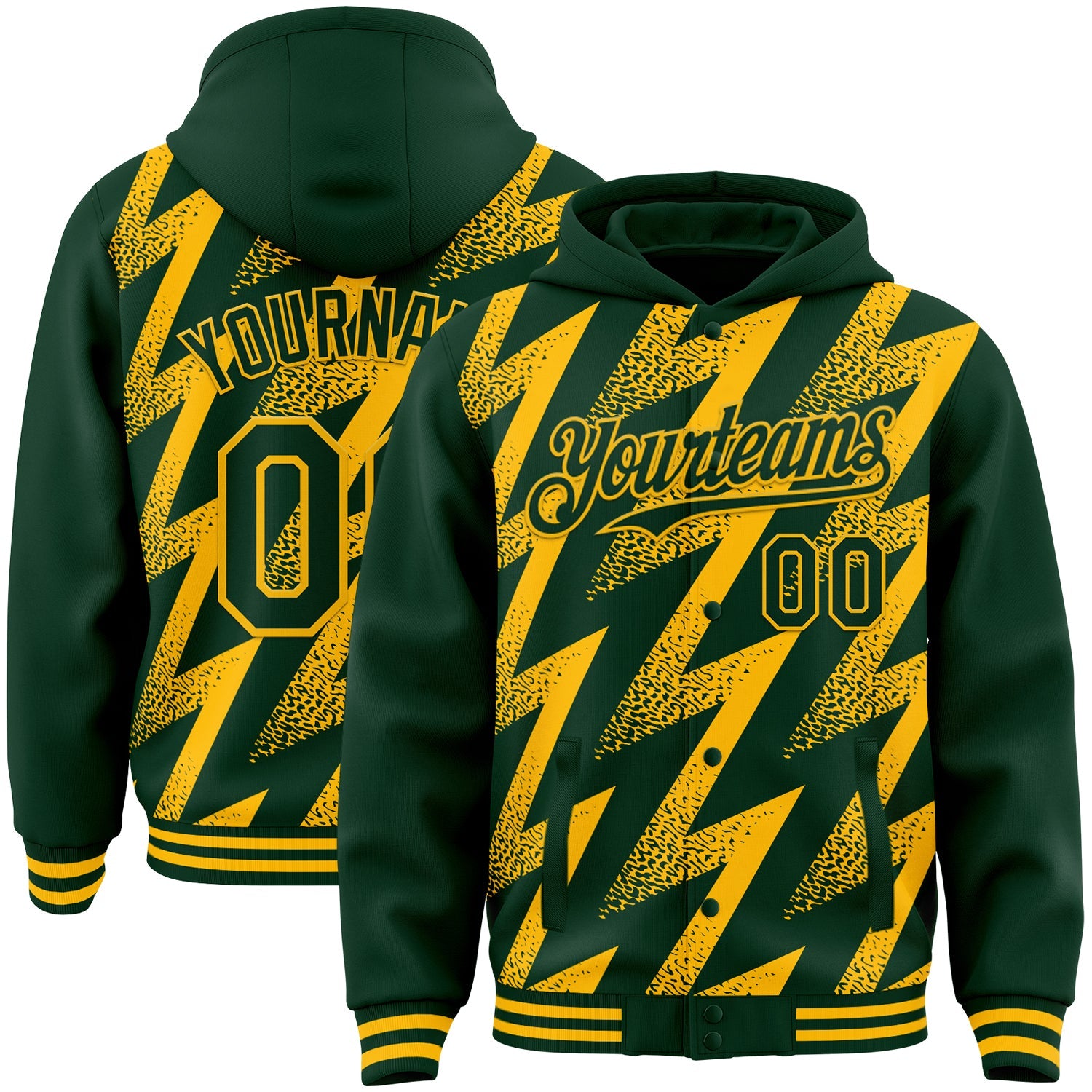 Custom Green Gold Zigzag Shape 3D Pattern Design Bomber Full-Snap Varsity Letterman Hoodie Jacket - Main View