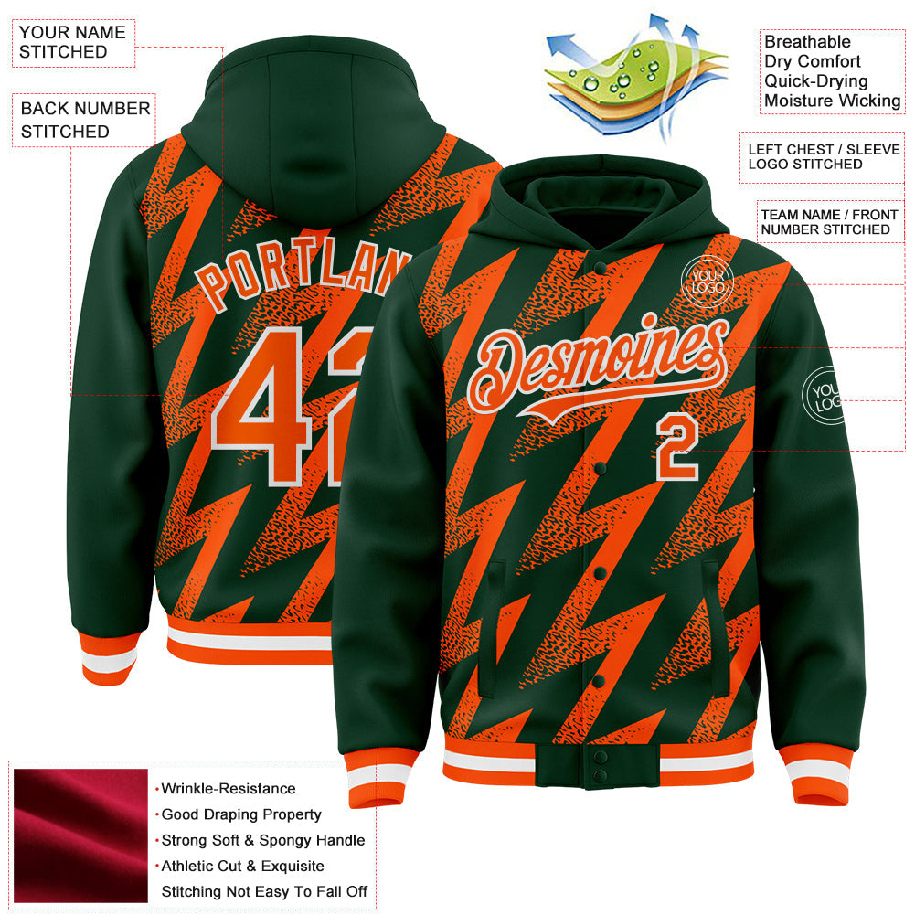 Custom Green Orange-White Zigzag Shape 3D Pattern Design Bomber Full-Snap Varsity Letterman Hoodie Jacket view 4