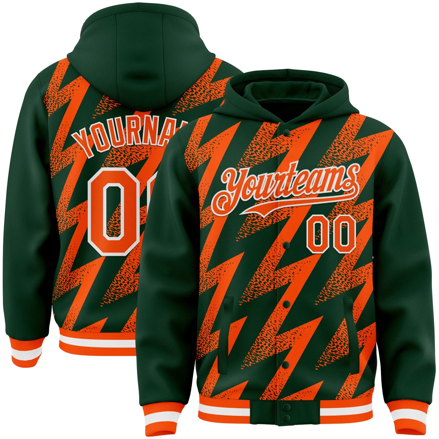 Custom Green Orange-White Zigzag Shape 3D Pattern Design Bomber Full-Snap Varsity Letterman Hoodie Jacket - Main View
