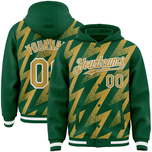 Custom Kelly Green Old Gold-White Zigzag Shape 3D Pattern Design Bomber Full-Snap Varsity Letterman Hoodie Jacket - Main View