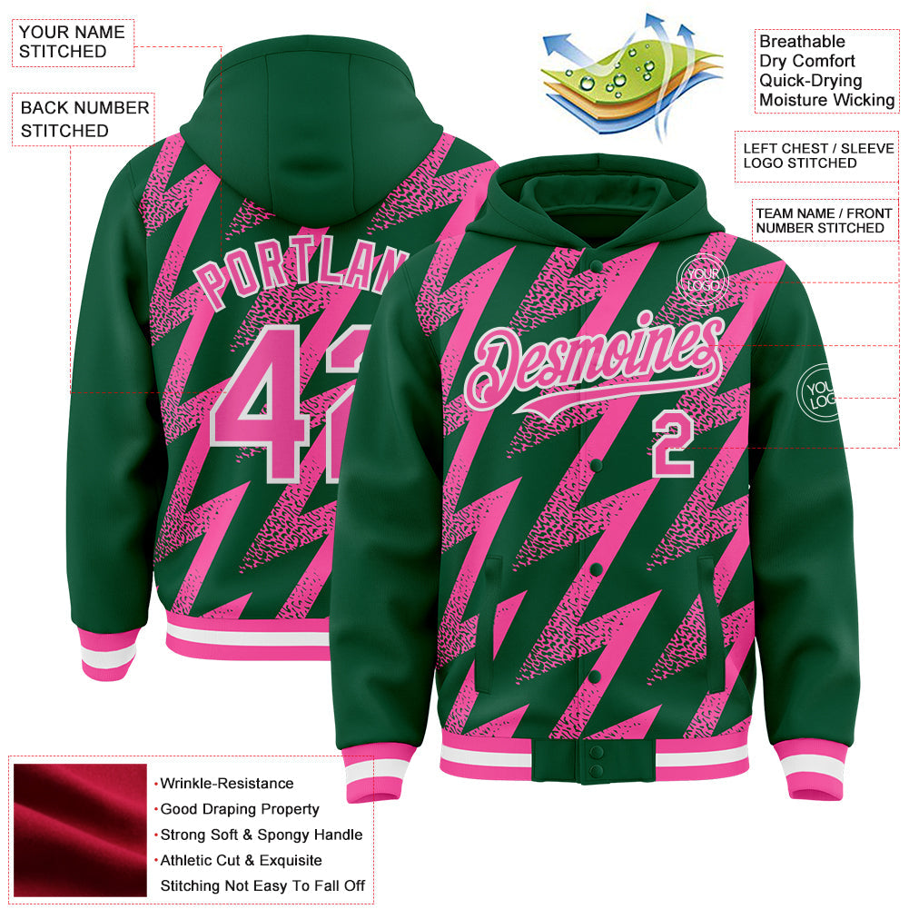 Custom Kelly Green Pink-White Zigzag Shape 3D Pattern Design Bomber Full-Snap Varsity Letterman Hoodie Jacket view 4