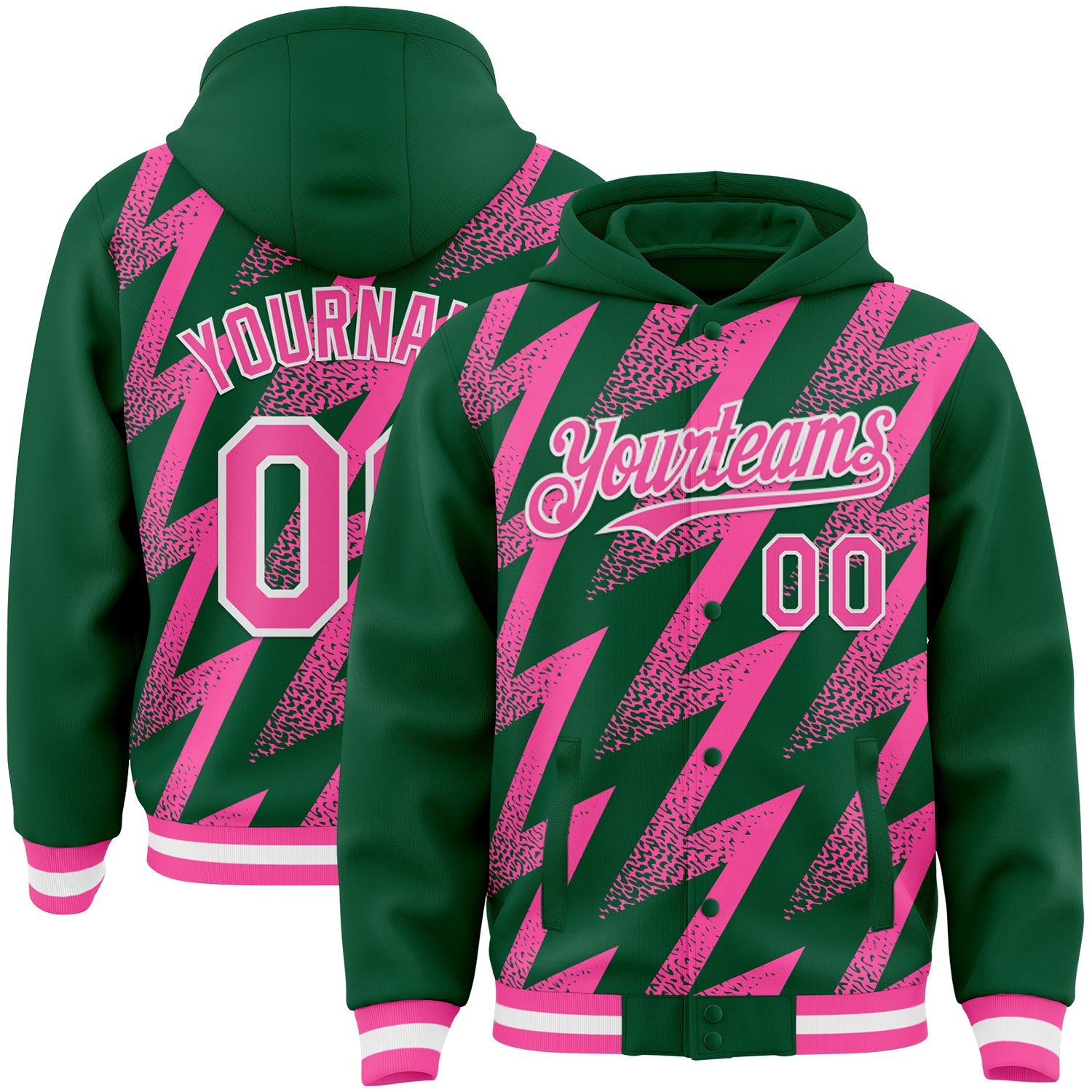Custom Kelly Green Pink-White Zigzag Shape 3D Pattern Design Bomber Full-Snap Varsity Letterman Hoodie Jacket - Main View
