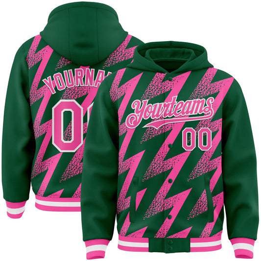 Custom Kelly Green Pink-White Zigzag Shape 3D Pattern Design Bomber Full-Snap Varsity Letterman Hoodie Jacket - Main View