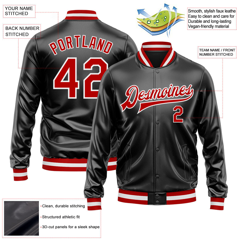 Custom Black Red-White Bomber Full-Snap Varsity Faux Leather Letterman Jacket view 2
