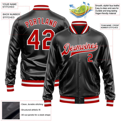 Custom Black Red-White Bomber Full-Snap Varsity Faux Leather Letterman Jacket view 2