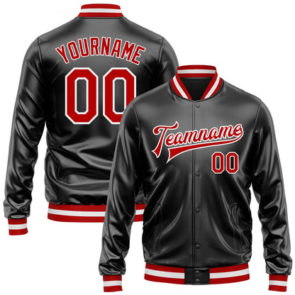 Custom Black Red-White Bomber Full-Snap Varsity Faux Leather Letterman Jacket - Main View