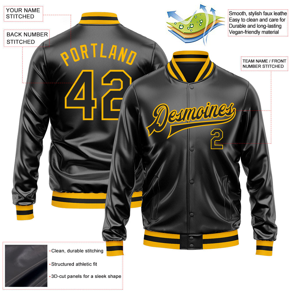 Custom Black Black-Gold Bomber Full-Snap Varsity Faux Leather Letterman Jacket view 2