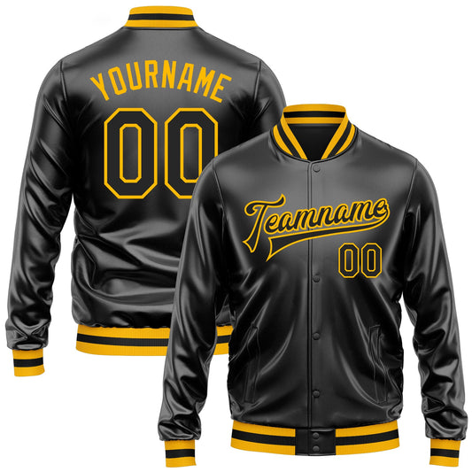 Custom Black Black-Gold Bomber Full-Snap Varsity Faux Leather Letterman Jacket - Main View