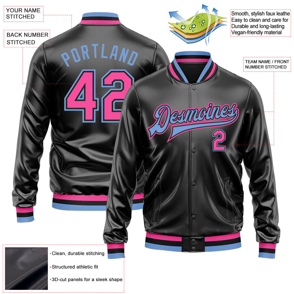 Custom Black Pink-Light Blue Bomber Full-Snap Varsity Faux Leather Letterman Jacket view 2