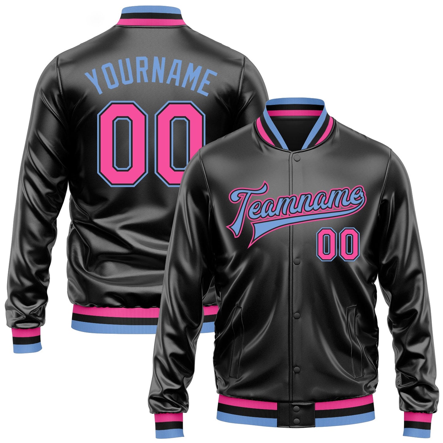 Custom Black Pink-Light Blue Bomber Full-Snap Varsity Faux Leather Letterman Jacket - Main View