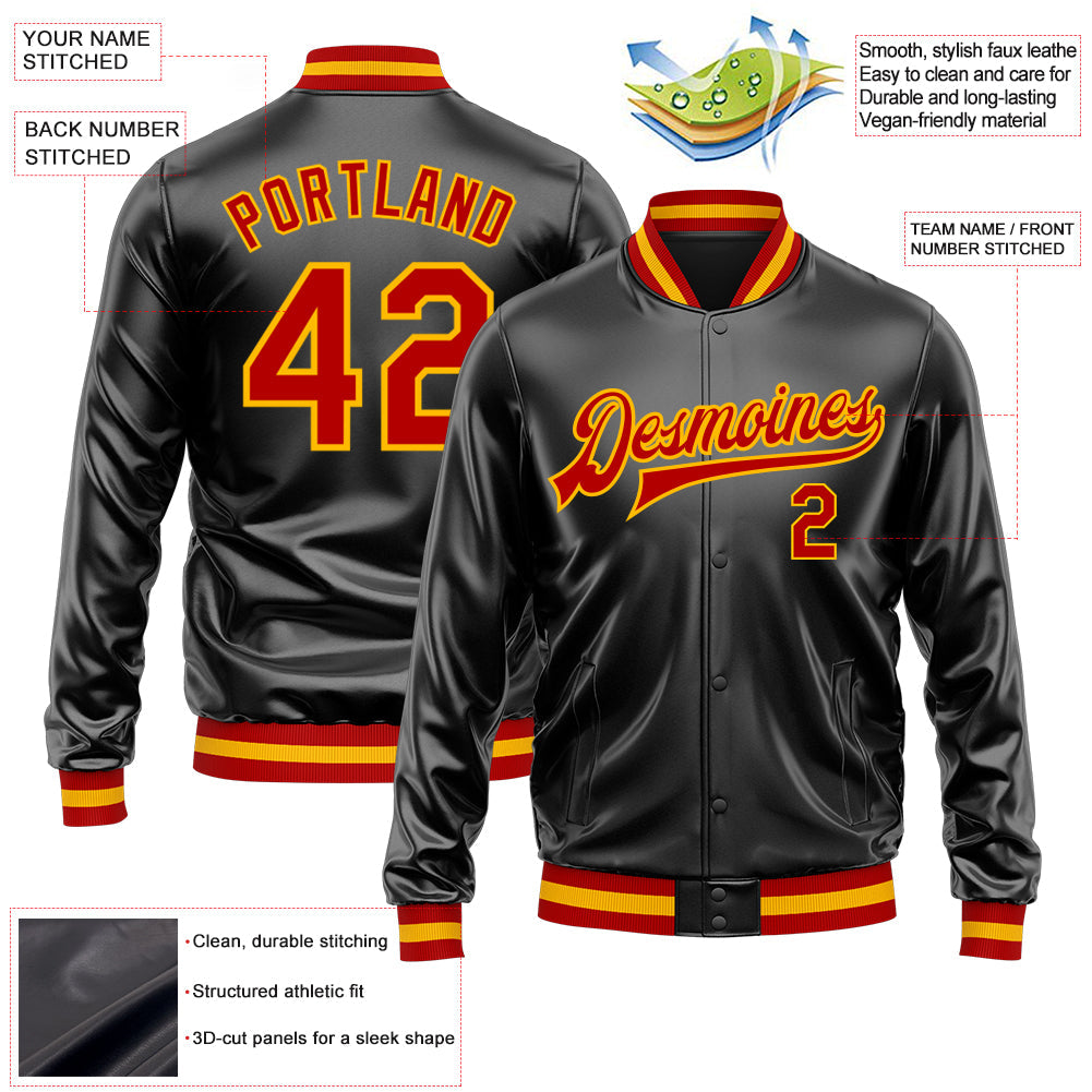 Custom Black Red-Gold Bomber Full-Snap Varsity Faux Leather Letterman Jacket view 2