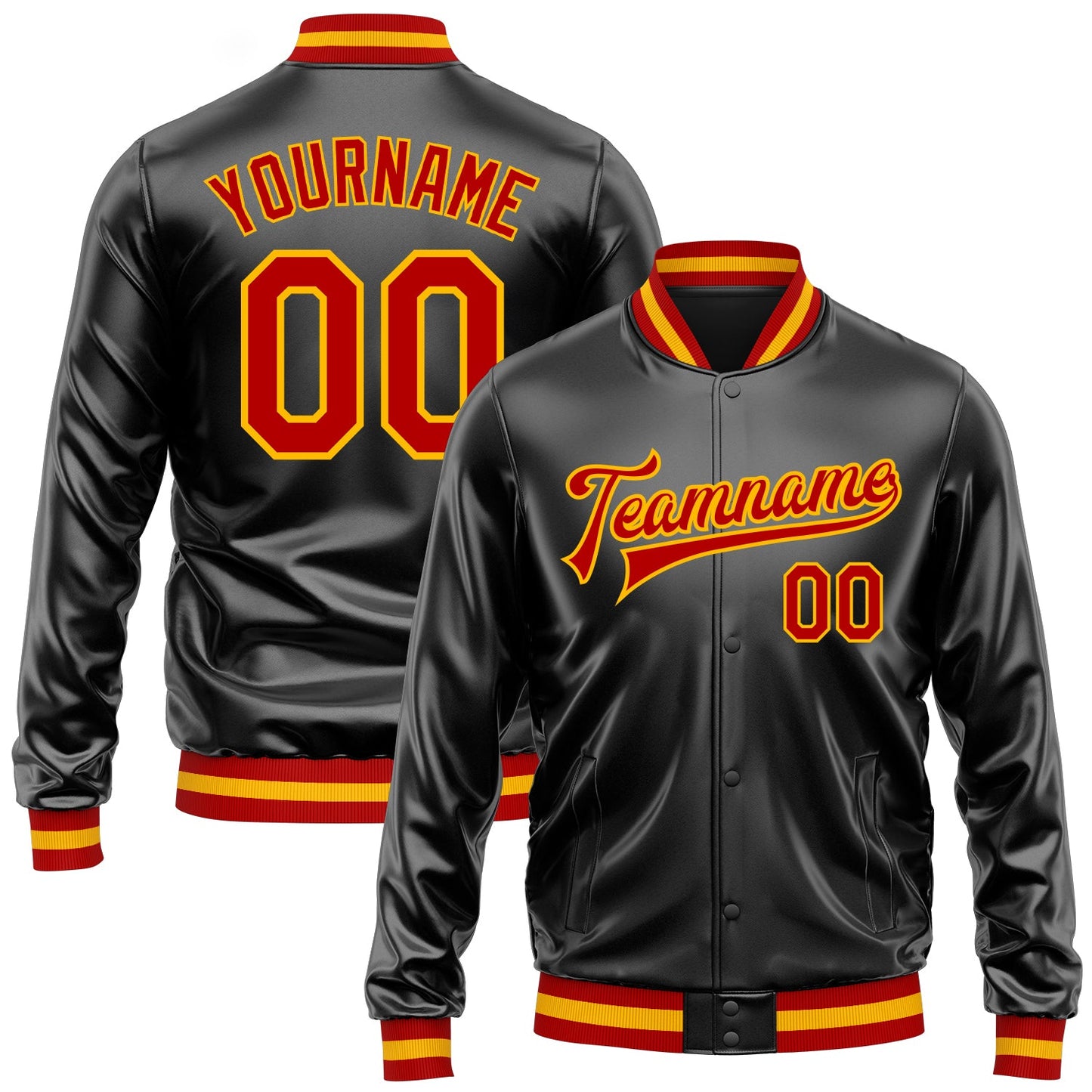 Custom Black Red-Gold Bomber Full-Snap Varsity Faux Leather Letterman Jacket - Main View