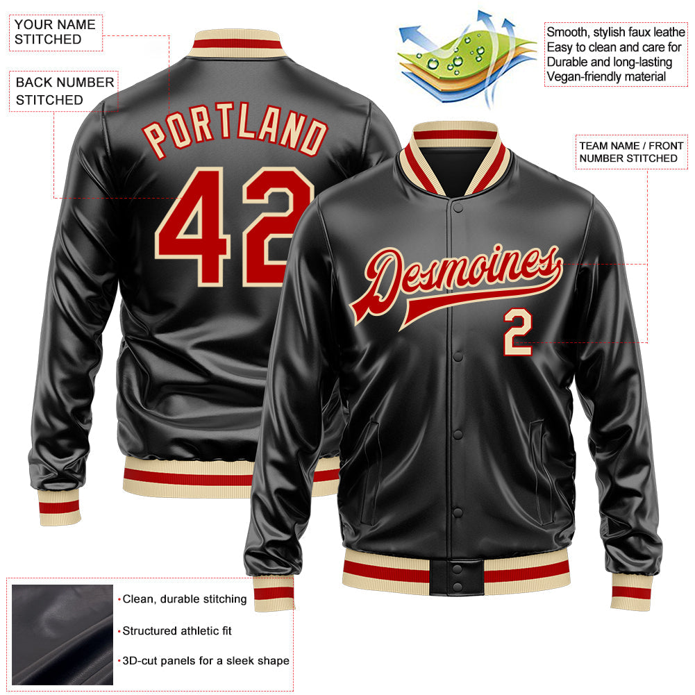 Custom Black Red-Cream Bomber Full-Snap Varsity Faux Leather Letterman Jacket view 2