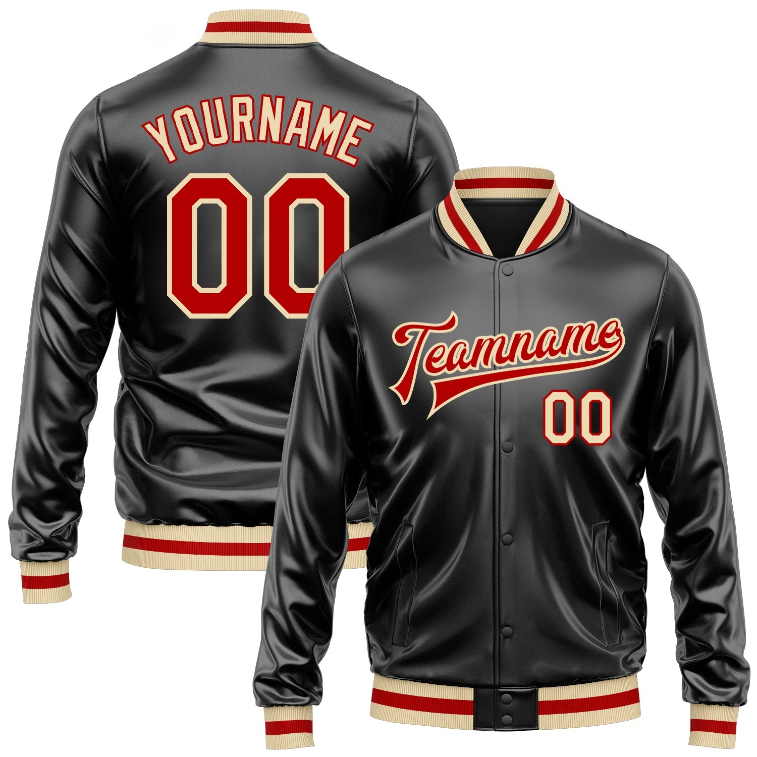 Custom Black Red-Cream Bomber Full-Snap Varsity Faux Leather Letterman Jacket - Main View