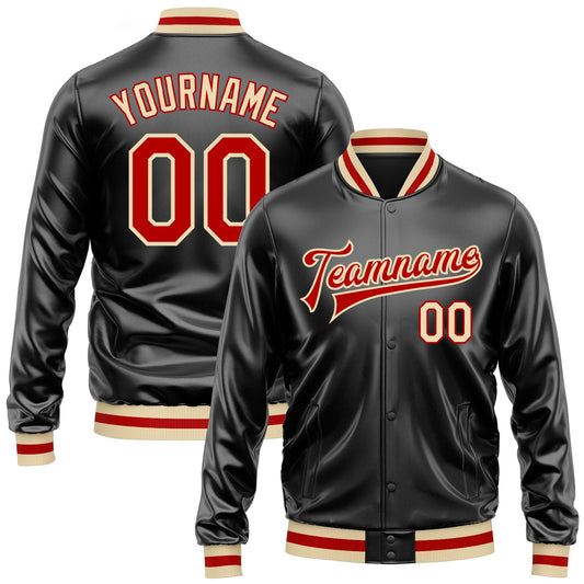 Custom Black Red-Cream Bomber Full-Snap Varsity Faux Leather Letterman Jacket - Main View