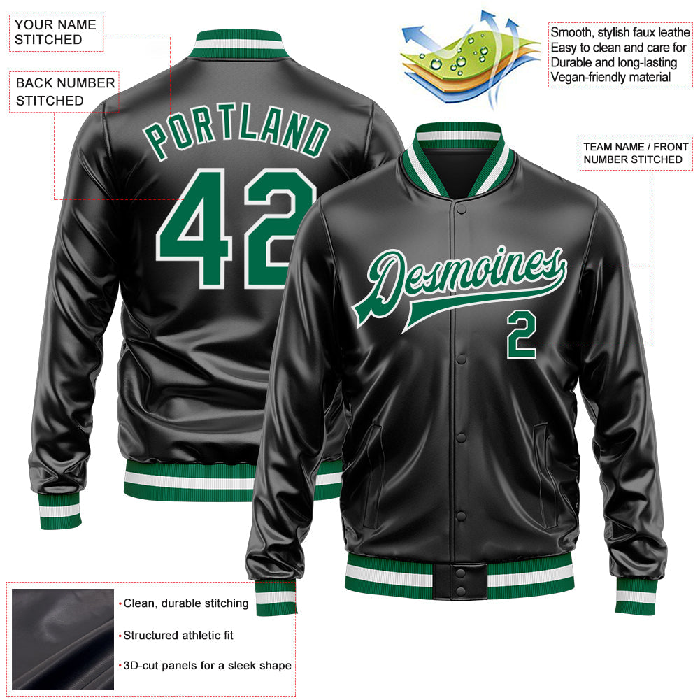 Custom Black Kelly Green-White Bomber Full-Snap Varsity Faux Leather Letterman Jacket view 2
