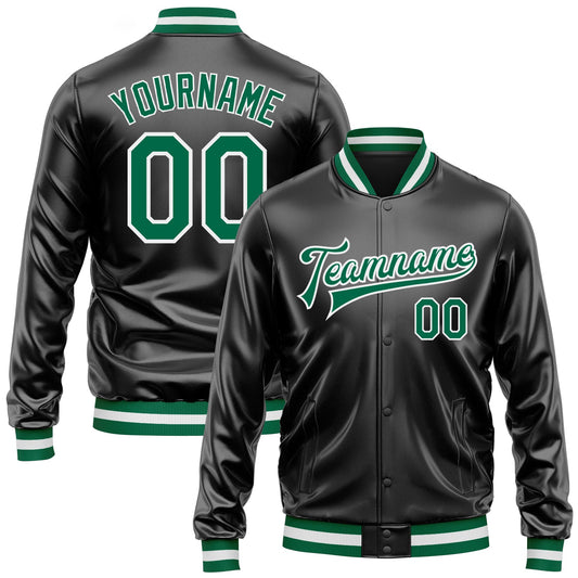 Custom Black Kelly Green-White Bomber Full-Snap Varsity Faux Leather Letterman Jacket - Main View