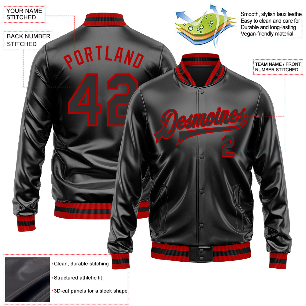 Custom Black Black-Red Bomber Full-Snap Varsity Faux Leather Letterman Jacket view 2