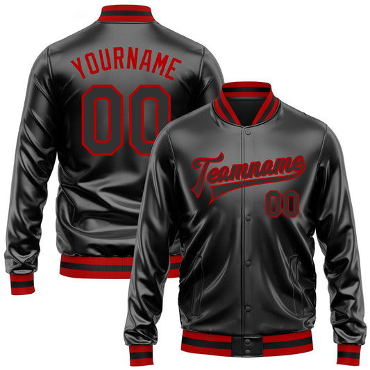 Custom Black Black-Red Bomber Full-Snap Varsity Faux Leather Letterman Jacket - Main View