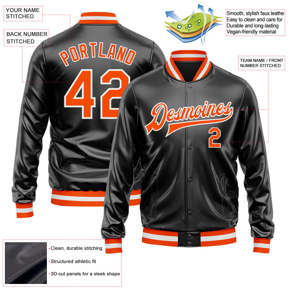 Custom Black Orange-White Bomber Full-Snap Varsity Faux Leather Letterman Jacket view 2