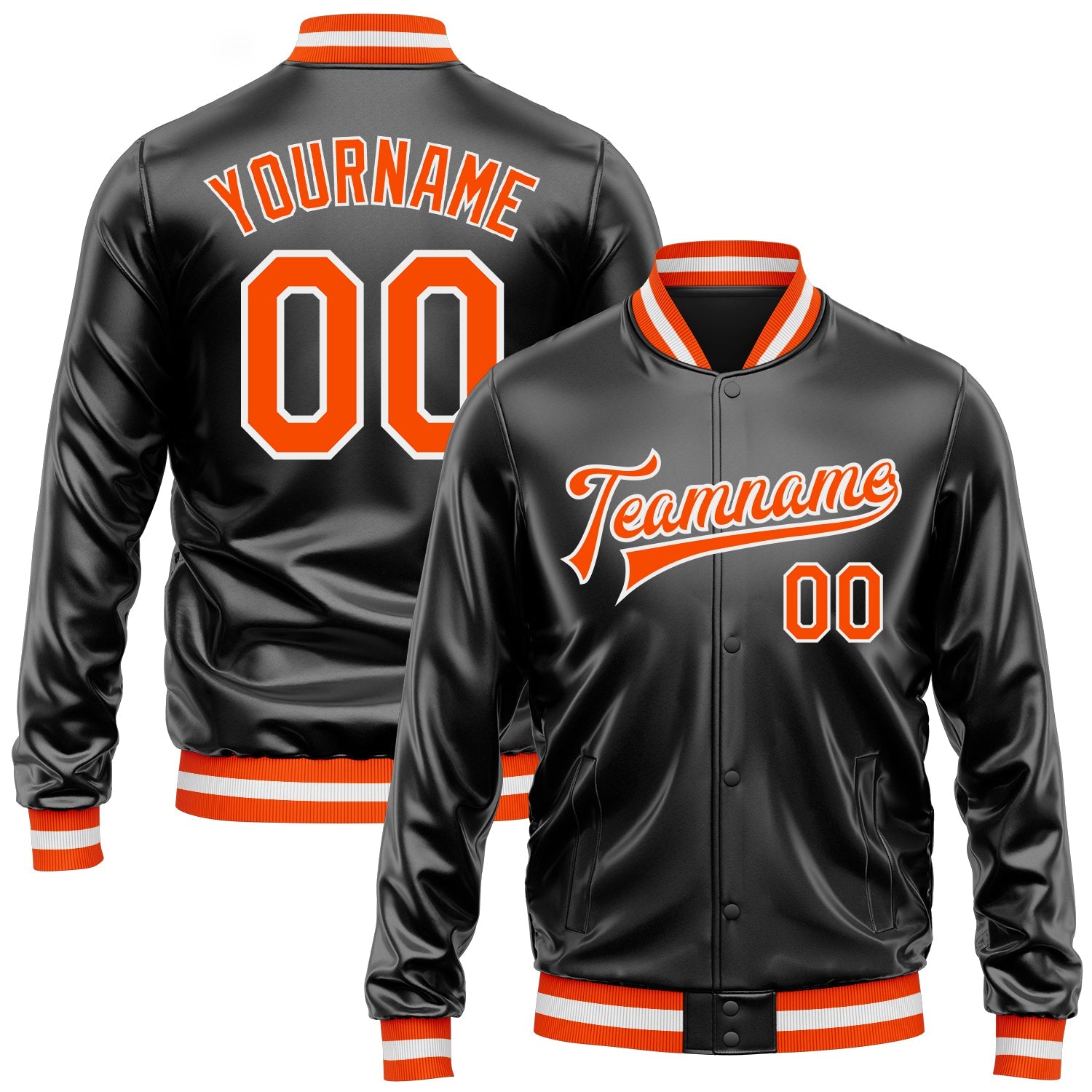 Custom Black Orange-White Bomber Full-Snap Varsity Faux Leather Letterman Jacket - Main View