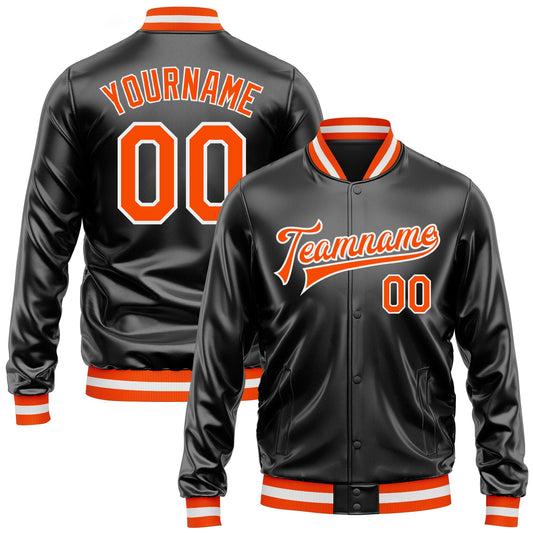 Custom Black Orange-White Bomber Full-Snap Varsity Faux Leather Letterman Jacket - Main View