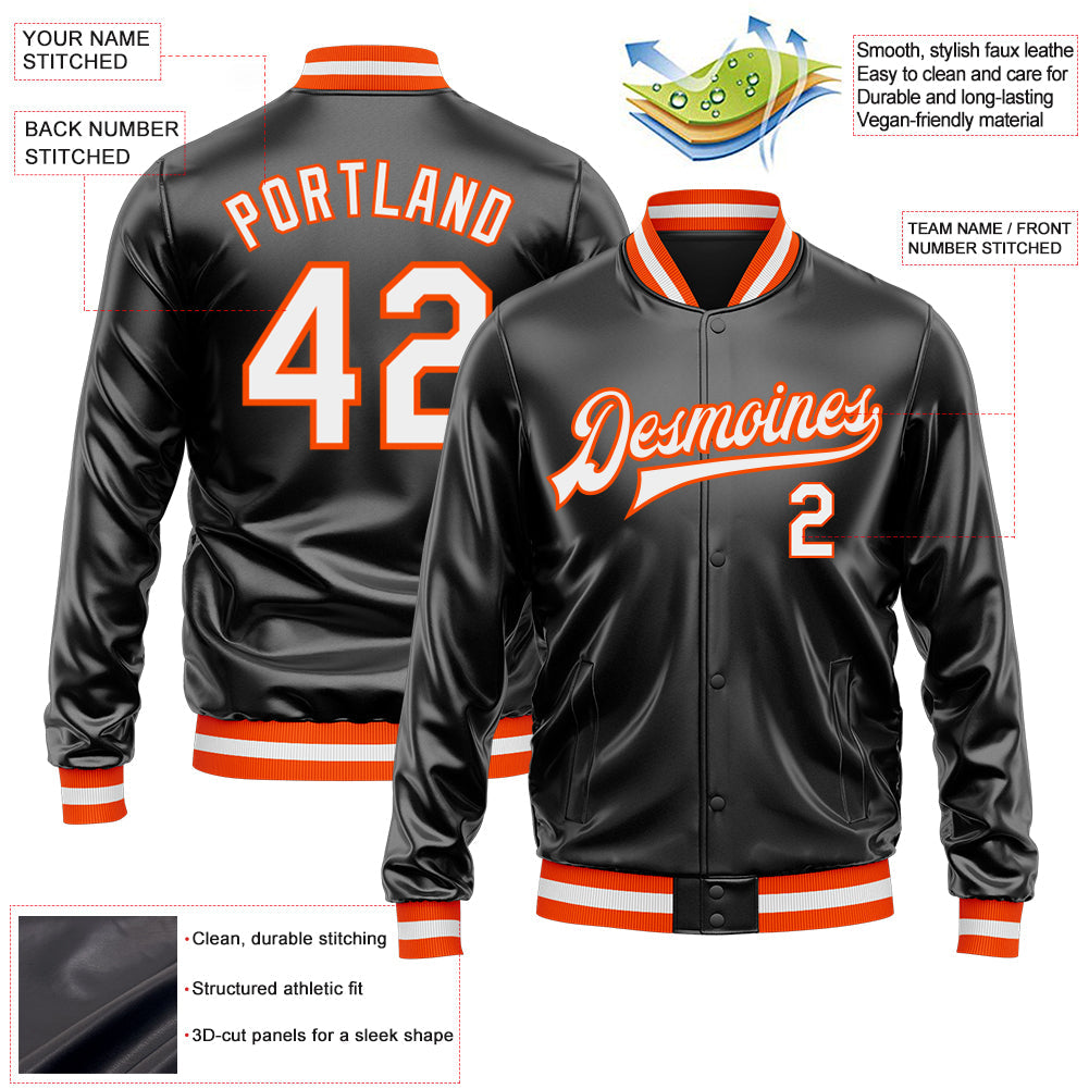Custom Black White-Orange Bomber Full-Snap Varsity Faux Leather Letterman Jacket view 2