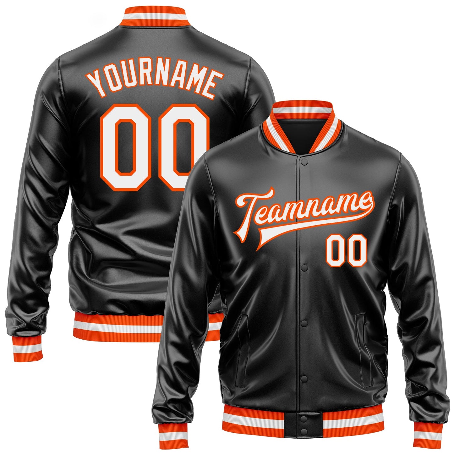 Custom Black White-Orange Bomber Full-Snap Varsity Faux Leather Letterman Jacket - Main View