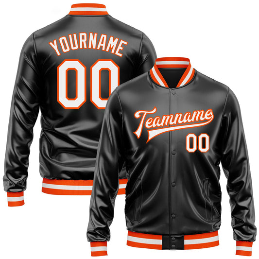Custom Black White-Orange Bomber Full-Snap Varsity Faux Leather Letterman Jacket - Main View