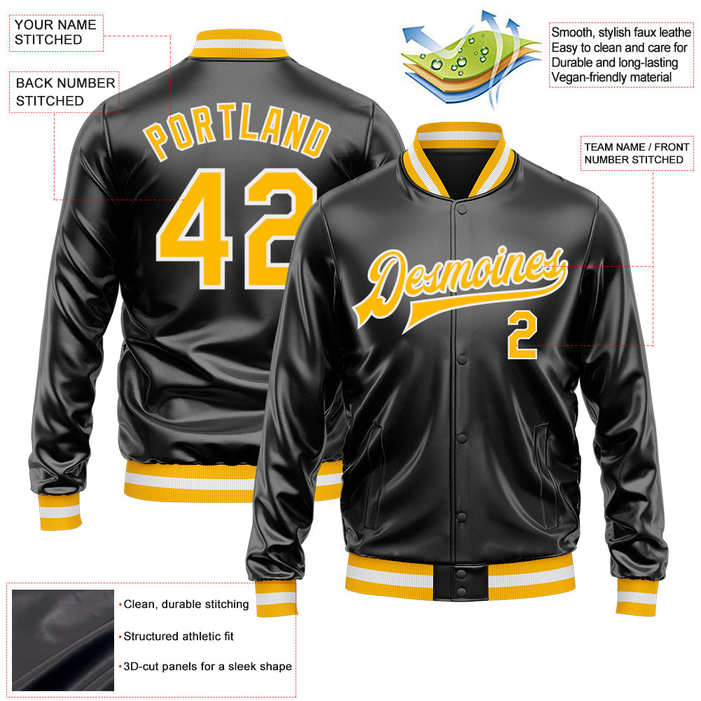 Custom Black Gold-White Bomber Full-Snap Varsity Faux Leather Letterman Jacket view 2