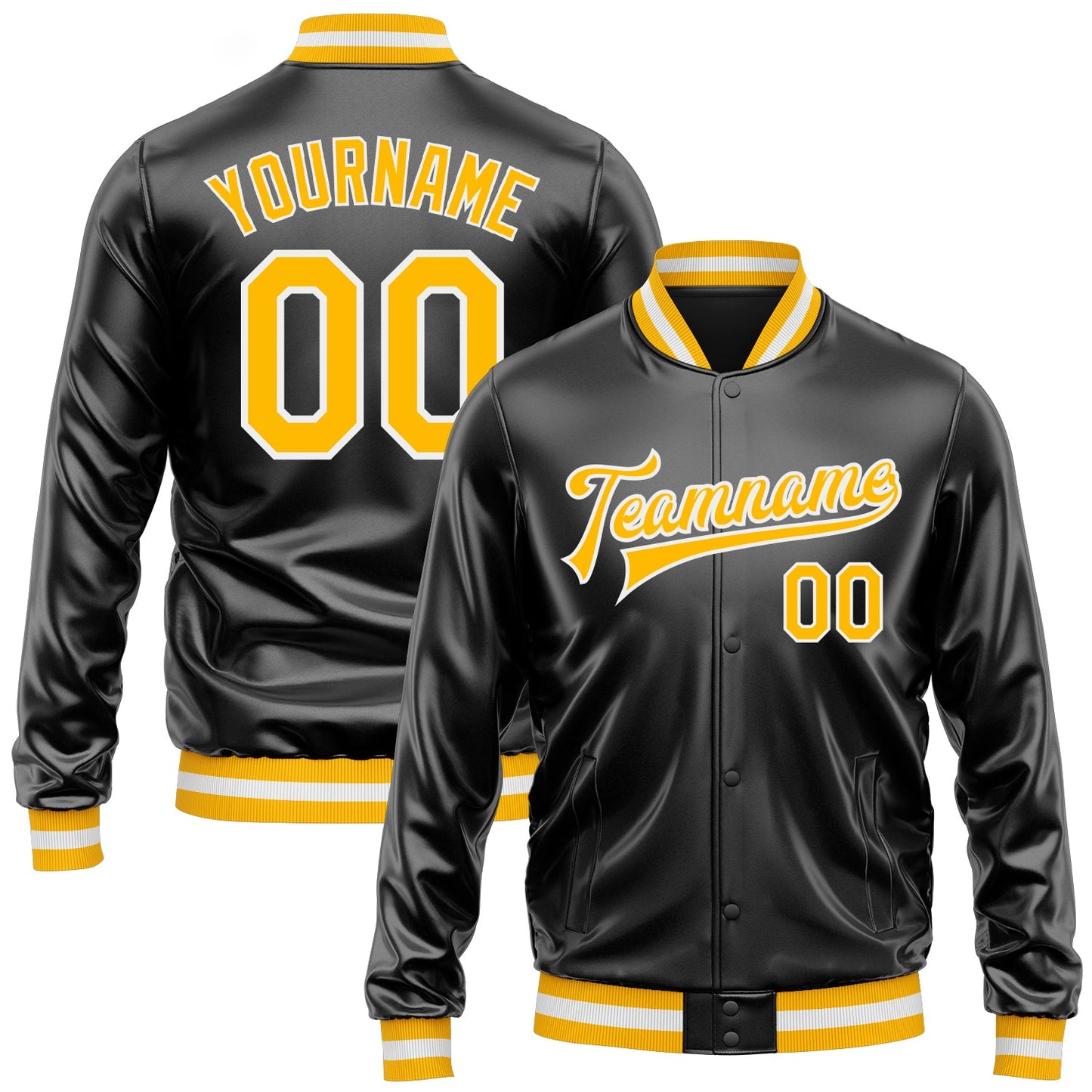 Custom Black Gold-White Bomber Full-Snap Varsity Faux Leather Letterman Jacket - Main View