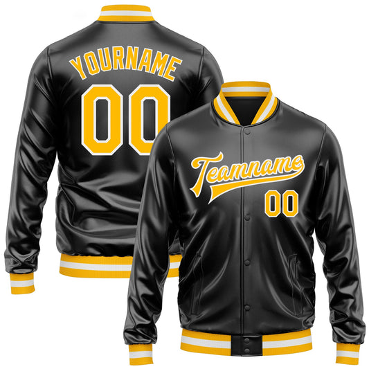Custom Black Gold-White Bomber Full-Snap Varsity Faux Leather Letterman Jacket - Main View