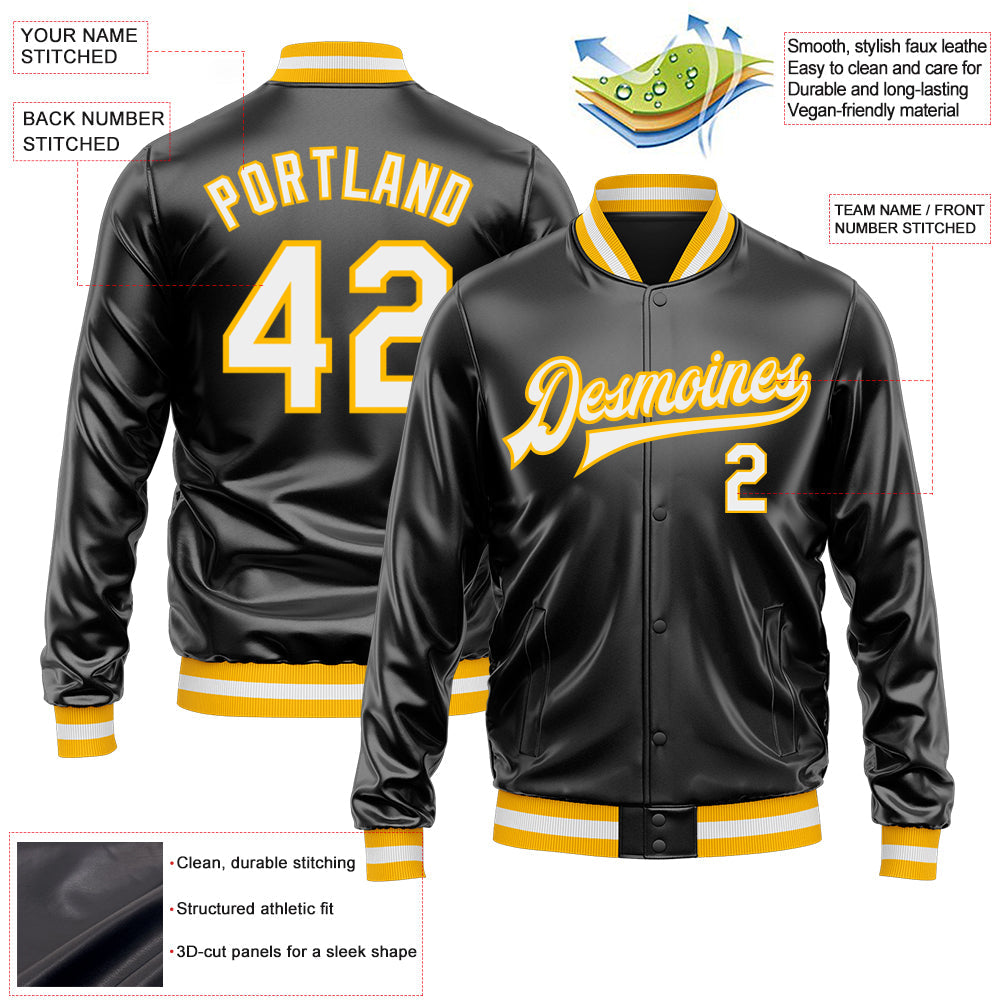 Custom Black White-Gold Bomber Full-Snap Varsity Faux Leather Letterman Jacket view 2