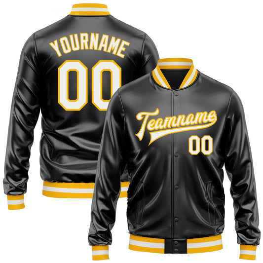 Custom Black White-Gold Bomber Full-Snap Varsity Faux Leather Letterman Jacket - Main View