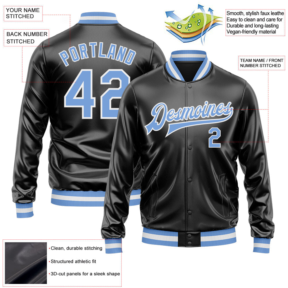Custom Black Light Blue-White Bomber Full-Snap Varsity Faux Leather Letterman Jacket view 2