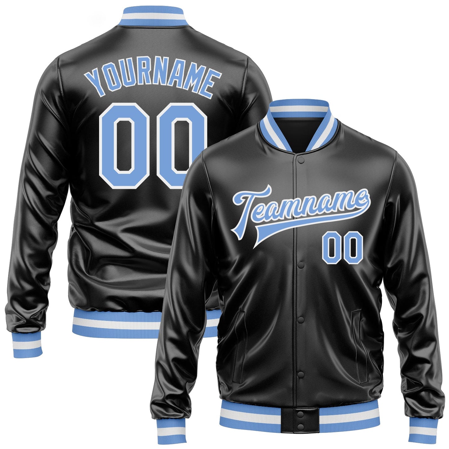 Custom Black Light Blue-White Bomber Full-Snap Varsity Faux Leather Letterman Jacket - Main View