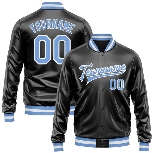 Custom Black Light Blue-White Bomber Full-Snap Varsity Faux Leather Letterman Jacket - Main View