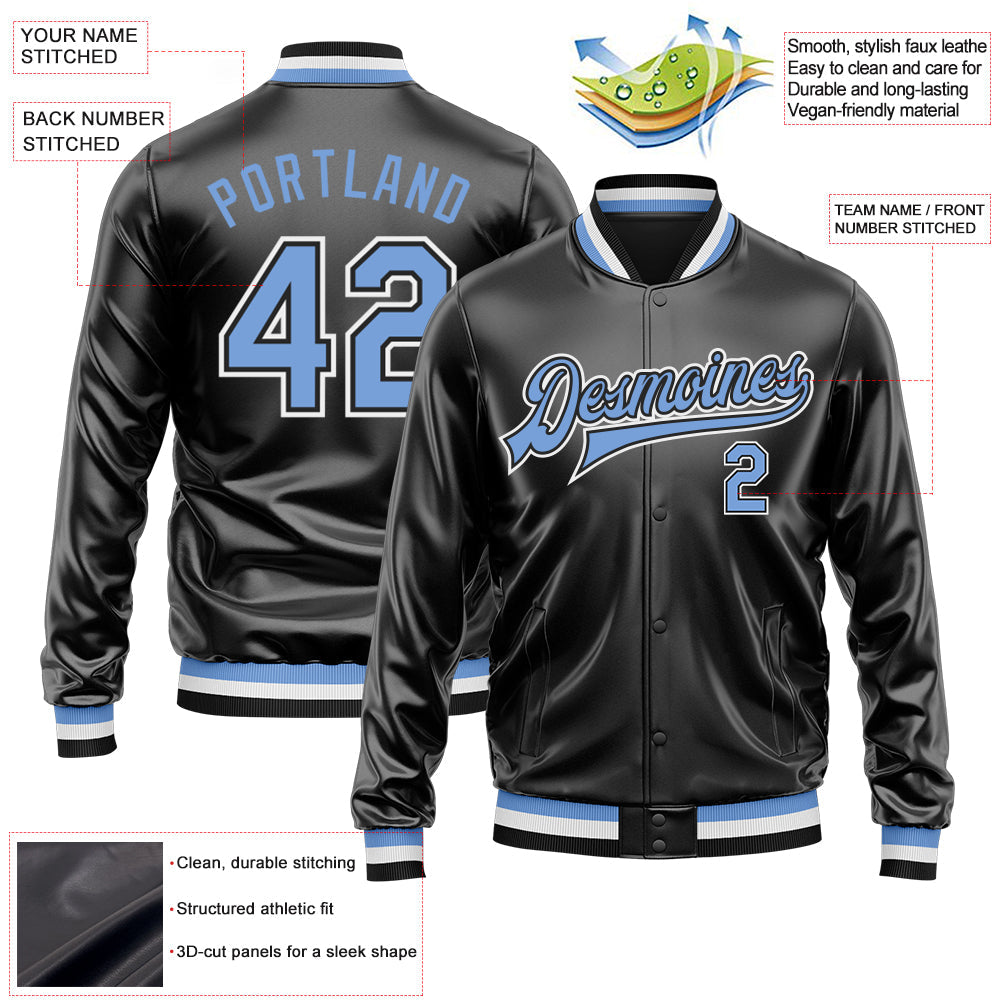 Custom Black Light Blue-White Bomber Full-Snap Varsity Faux Leather Letterman Jacket view 2