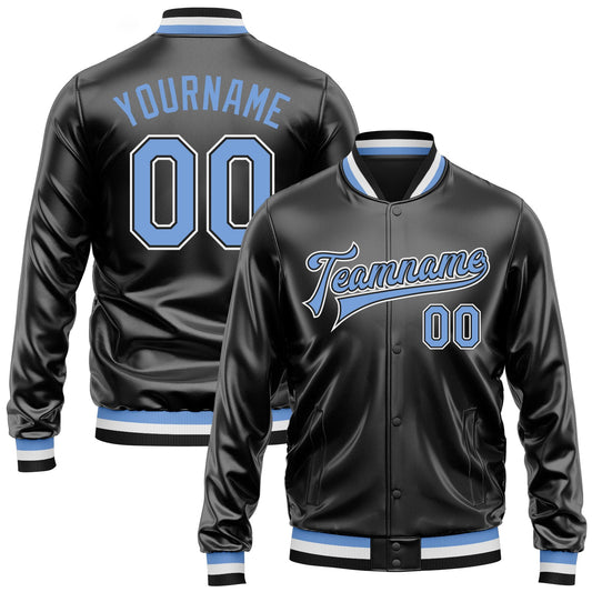 Custom Black Light Blue-White Bomber Full-Snap Varsity Faux Leather Letterman Jacket - Main View