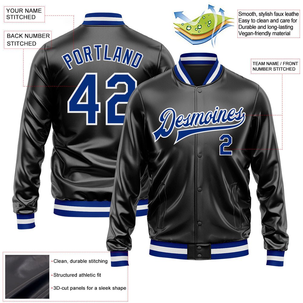 Custom Black Royal-White Bomber Full-Snap Varsity Faux Leather Letterman Jacket view 2