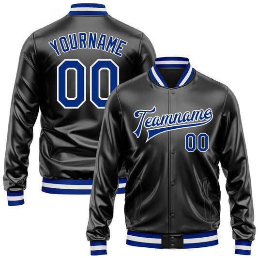 Custom Black Royal-White Bomber Full-Snap Varsity Faux Leather Letterman Jacket - Main View