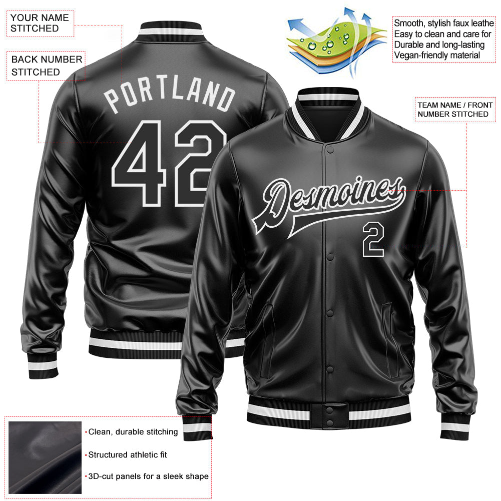 Custom Black Black-White Bomber Full-Snap Varsity Faux Leather Letterman Jacket view 2