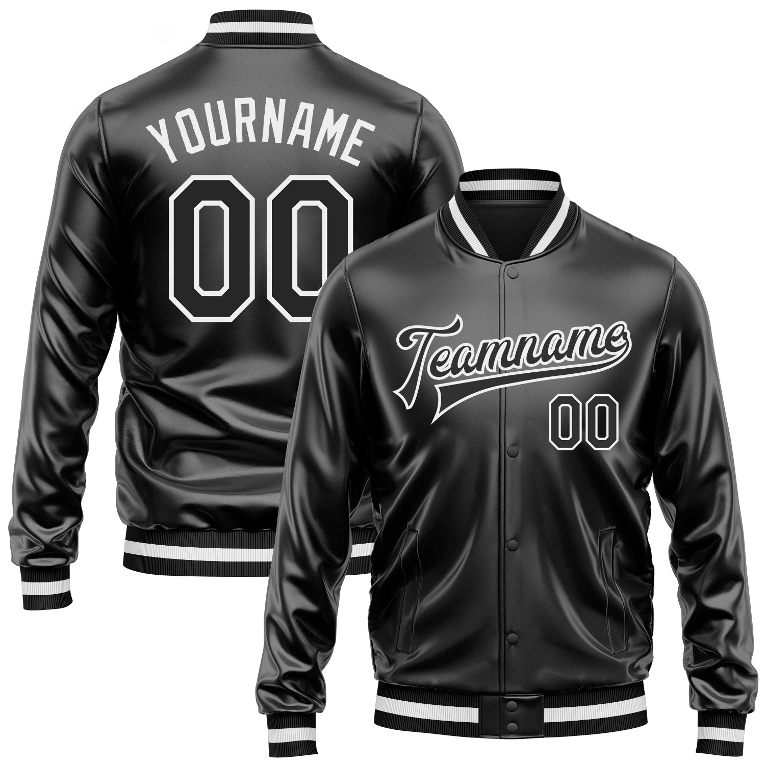 Custom Black Black-White Bomber Full-Snap Varsity Faux Leather Letterman Jacket - Main View