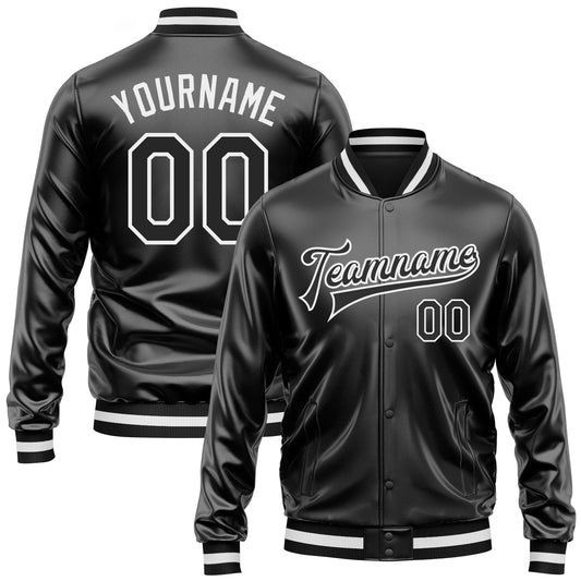 Custom Black Black-White Bomber Full-Snap Varsity Faux Leather Letterman Jacket - Main View