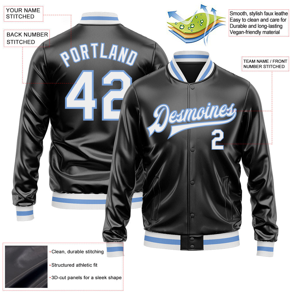Custom Black White-Light Blue Bomber Full-Snap Varsity Faux Leather Letterman Jacket view 2