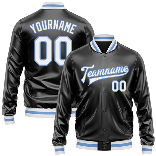 Custom Black White-Light Blue Bomber Full-Snap Varsity Faux Leather Letterman Jacket - Main View