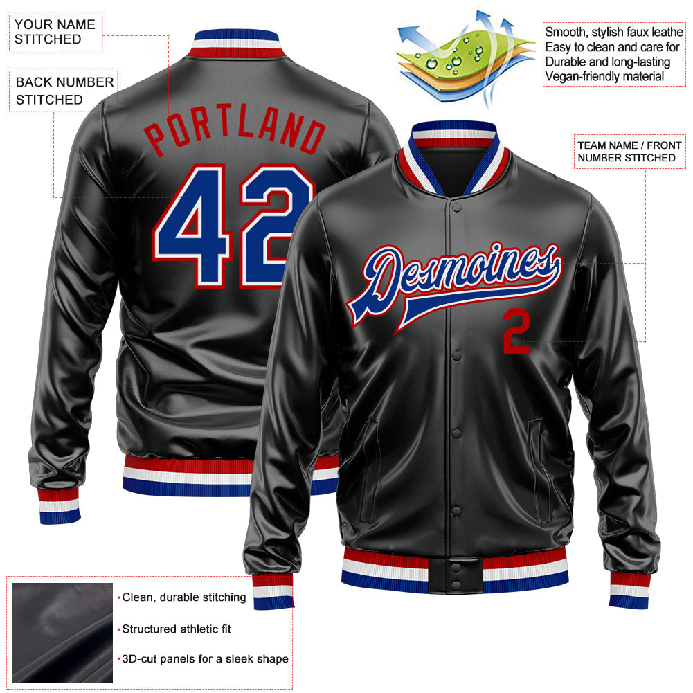 Custom Black Royal-Red Bomber Full-Snap Varsity Faux Leather Letterman Jacket view 2